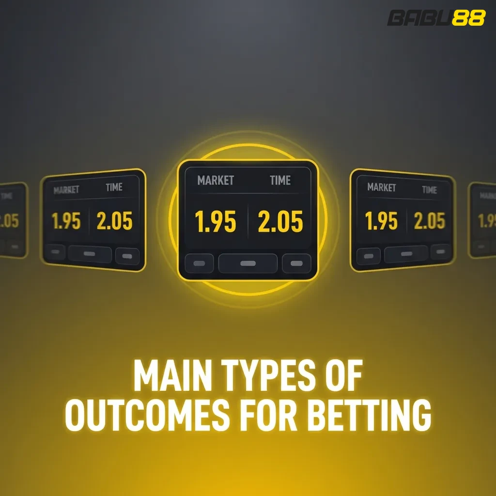 Diagram showing four main betting outcome types: Match Result, Over/Under Totals, Handicap Betting, and Correct Score options.