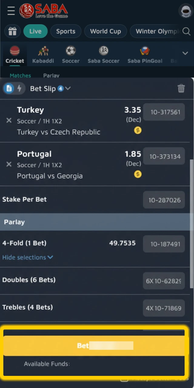 Review your selection and confirm the bet.